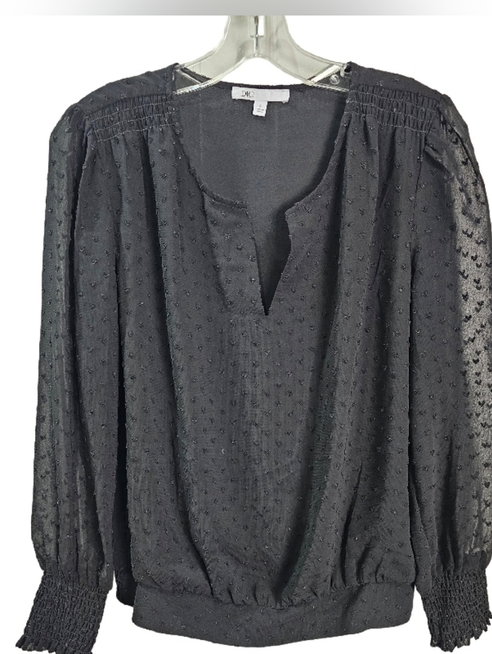 DR2 Daniel Rainn Womens Black Sheer Swiss Dot Blouse Ruched Hem Sz Small Hearts